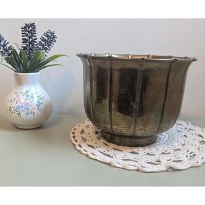 Vintage Brass Planter Cache Pot Scalloped Ribbed Metal Bowl Hollywood Regency